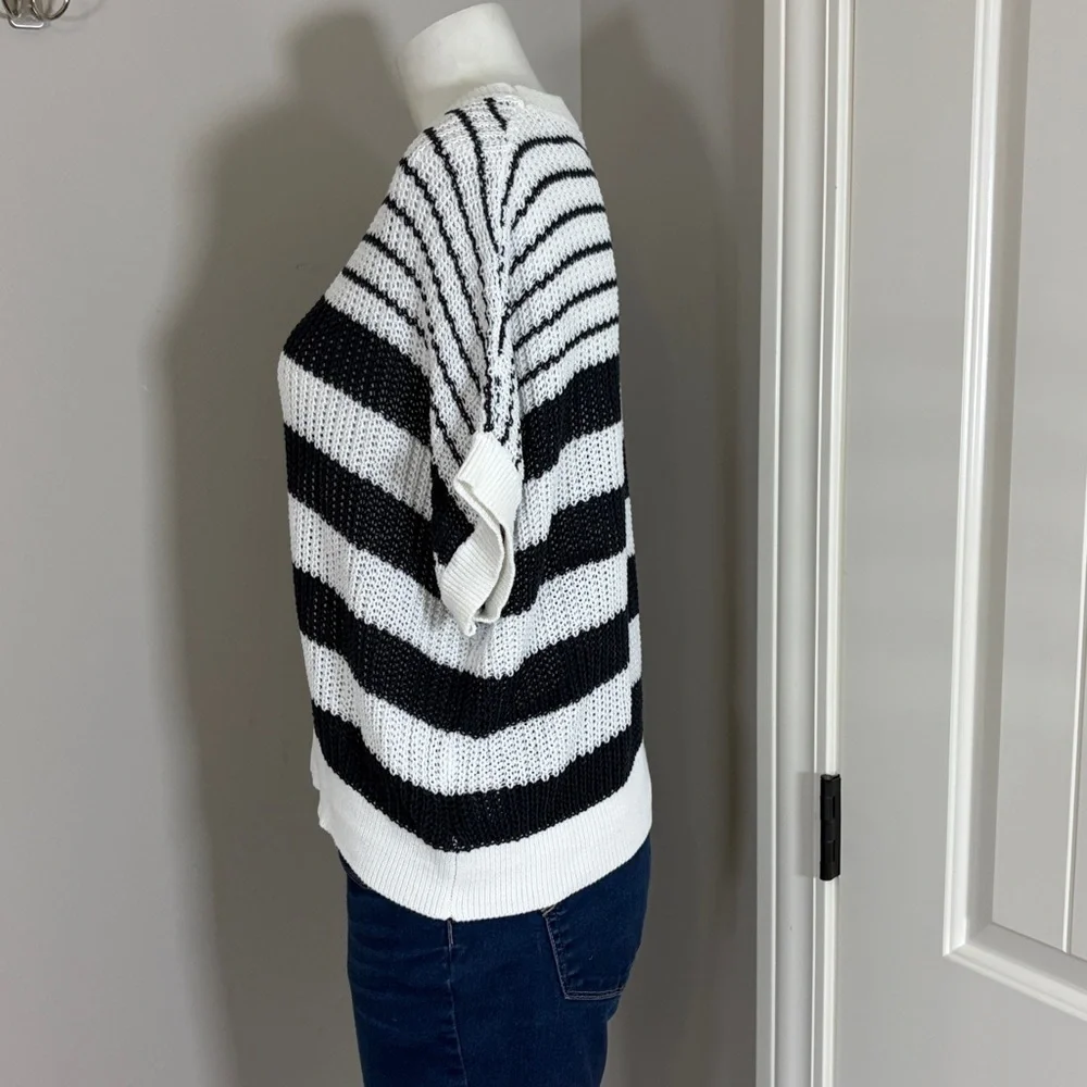 Evereve Ivy Open Weave Tee Sweater Navy Blue White Stripe Crewneck Sz S - Picture 5 of 10